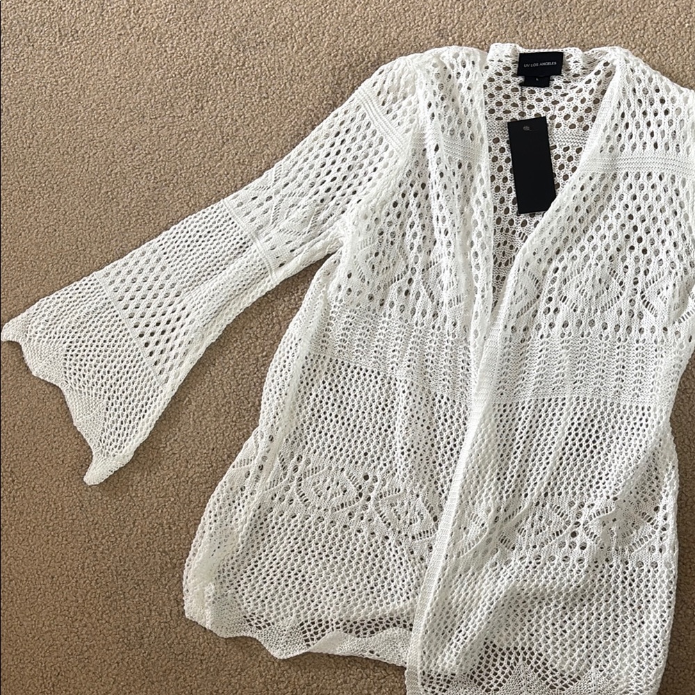 NWT White Crochet Cardigan with Flared Sleeves